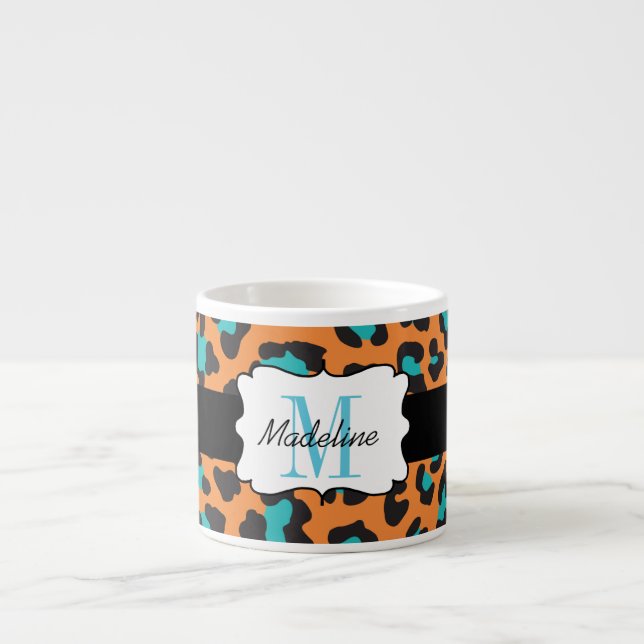 Leopard Print Aqua Orange Black Espresso Mug (Front)