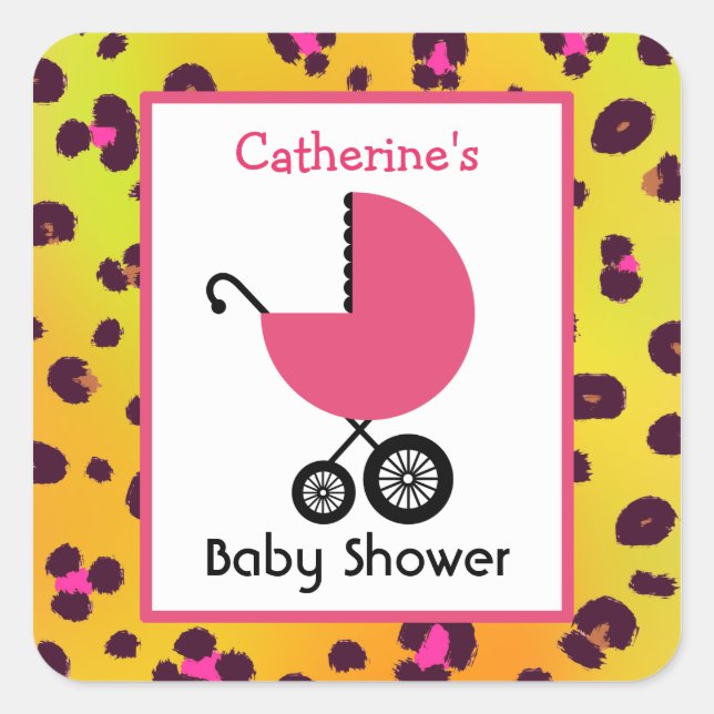 Leopard Print Baby Shower & Pink Carriage Square Sticker (Front)