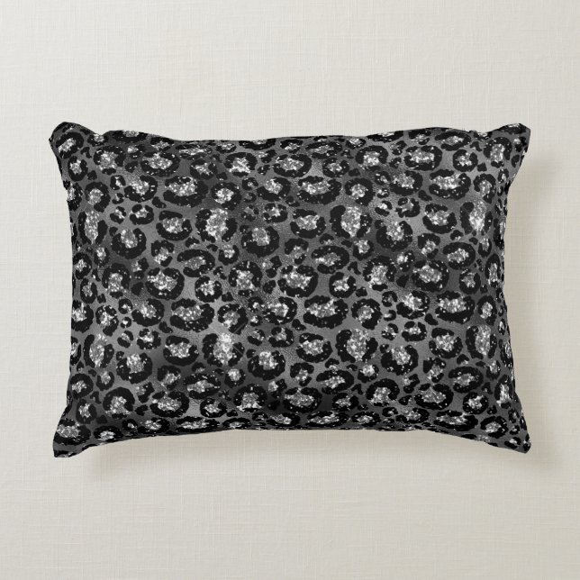Leopard Print Black and Silver Grey Accent Pillow (Front)