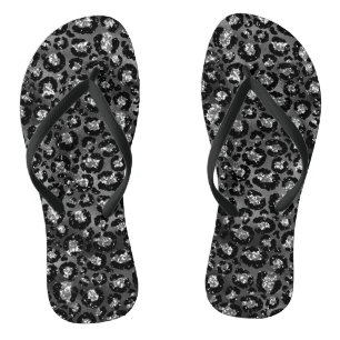 Leopard Print Black and Silver Grey Flip Flops