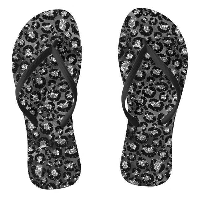Leopard Print Black and Silver Grey Flip Flops (Footbed)