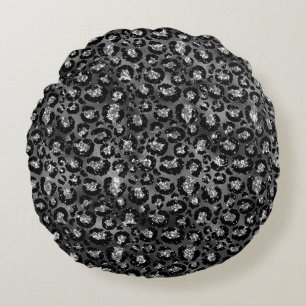 Leopard Print Black and Silver Grey Round Pillow