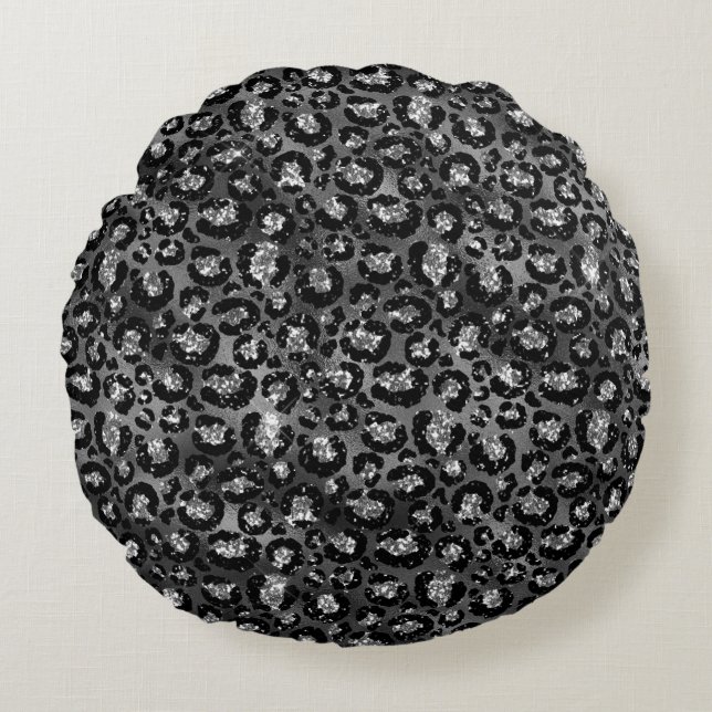 Leopard Print Black and Silver Grey Round Pillow (Front)