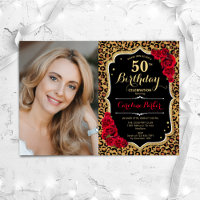 Leopard Print Black Gold Red Photo 50th Birthday