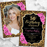 Leopard Print Black Pink Photo 50th Birthday Invitation<br><div class="desc">Elegant feminine 50th birthday invitation with your photo at the back of the card. Glam black design with animal leopard print and faux glitter gold. Features pink roses, script font and confetti. Perfect for a stylish adult bday celebration party. Personalise with your own details. Can be customised for any age!...</div>