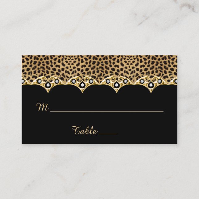 Leopard Print Black With Gold and Diamonds Place Card (Front)