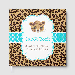 Leopard Print Blue Quatrefoil Birthday Party Guest Book