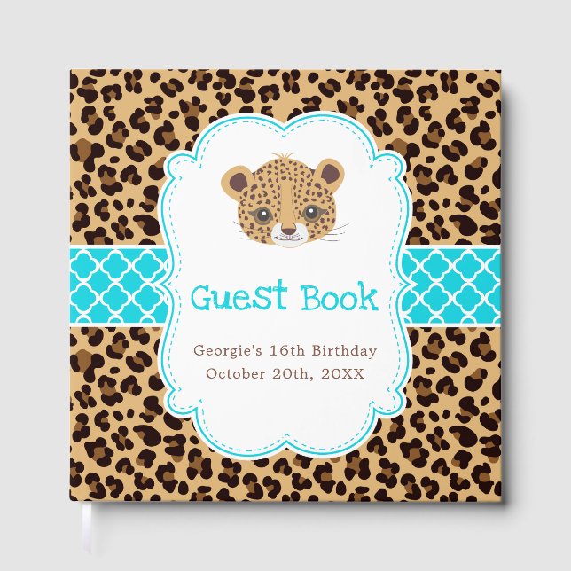 Leopard Print Blue Quatrefoil Birthday Party Guest Book (Front)