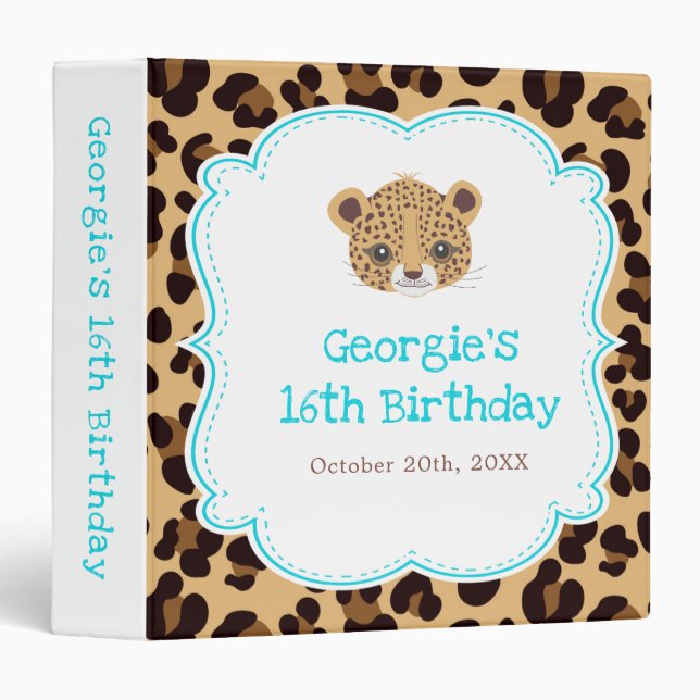 Leopard Print Blue Quatrefoil Birthday Party Photo Binder (Front/Spine)