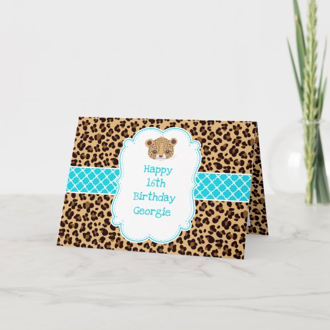 Leopard Print Blue Quatrefoil  Card (Front)