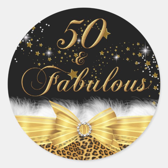 Leopard Print & Bow 50 & Fabulous Birthday Sticker (Front)