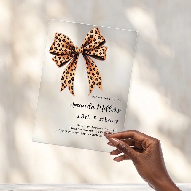 Leopard print bow brown birthday clear acrylic invitations (Creator Uploaded)