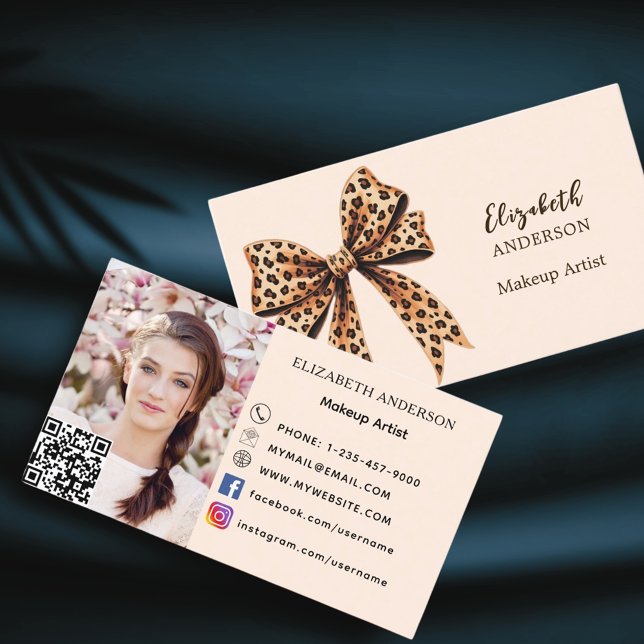 Leopard print bow peach qr code social media photo business card (Creator Uploaded)