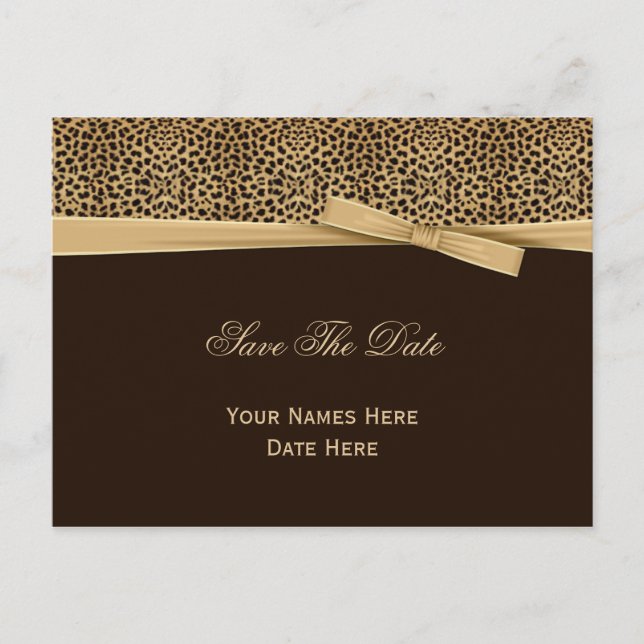 Leopard Print Bow Ribbon Dark Brown Save The Date Announcement Postcard (Front)