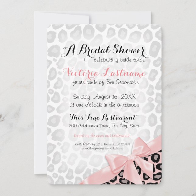Leopard Print Bridal Shower Pink Bow Invitation (Front)