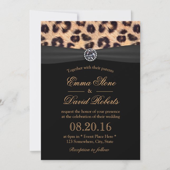 Leopard Print Bright Diamond Black Ribbon Wedding Invitation (Front)