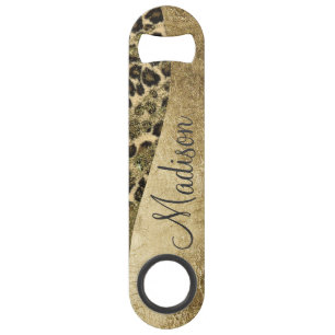 Leopard Print Brushstrokes & Faux Glitter Monogram Speed Bottle Opener