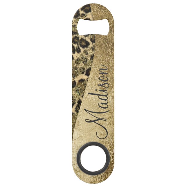 Leopard Print Brushstrokes & Faux Glitter Monogram Speed Bottle Opener (Front)