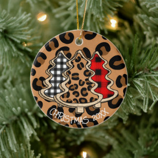 Leopard Print, Buffalo Plaid, Christmas Trees     Ceramic Ornament