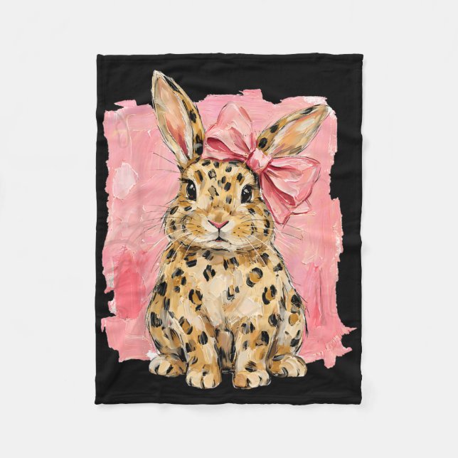 Leopard Print Bunny With Pink Bow Cute Spring East Fleece Blanket (Front)