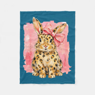 Leopard print bunny with pink bow cute spring fleece blanket