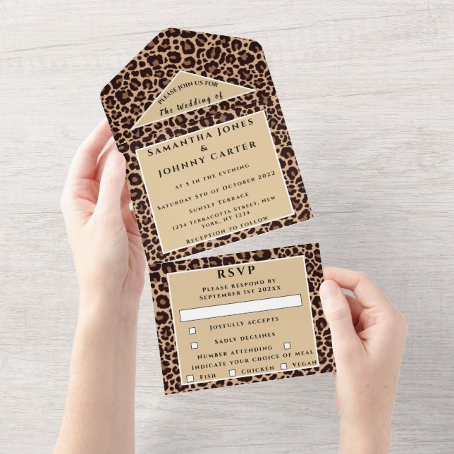 Leopard print Cheetah Brown Safari Animal Wedding All In One Invitation (Tearaway)