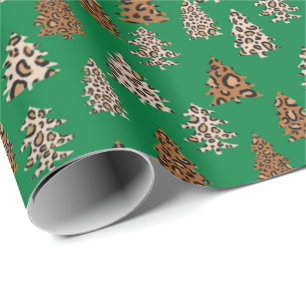 Leopard Print Christmas trees green Wrapping Paper