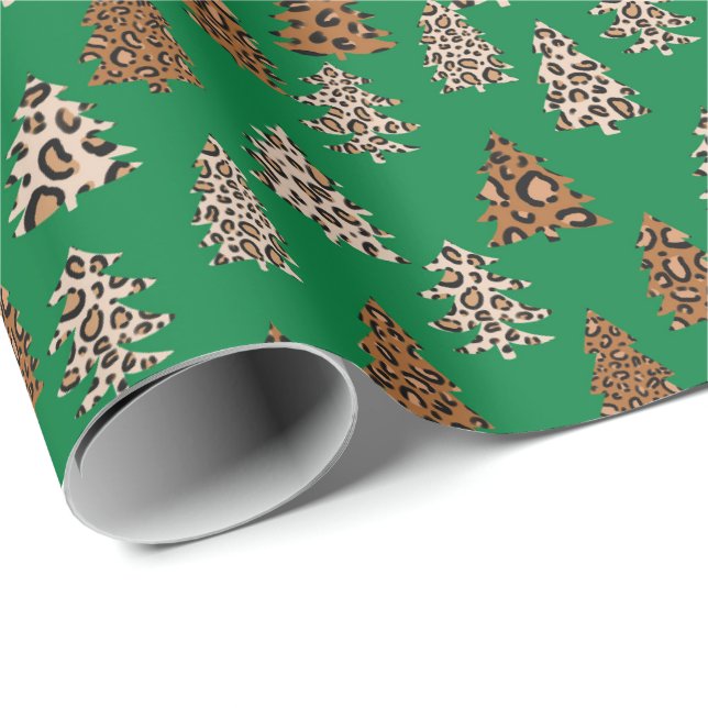 Leopard Print Christmas trees green Wrapping Paper (Roll Corner)
