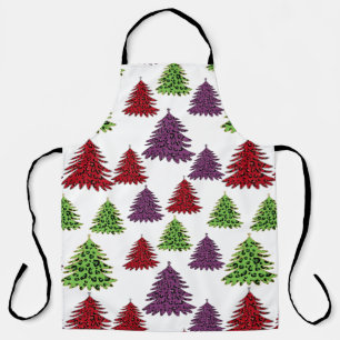 Leopard Print Colourful Merry Christmas Trees Apron