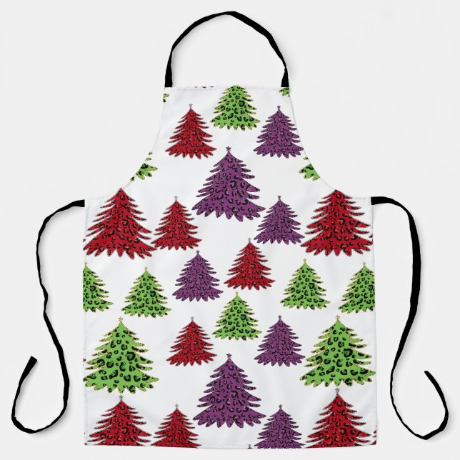 Leopard Print Colourful Merry Christmas Trees  Apron (Front)