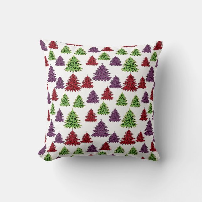 Leopard Print Colourful Merry Christmas Trees  Throw Pillow (Front)
