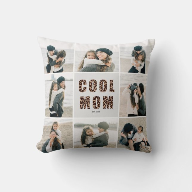 Leopard Print Cool Mom 8 Photo Collage Grey Throw Pillow (Front)