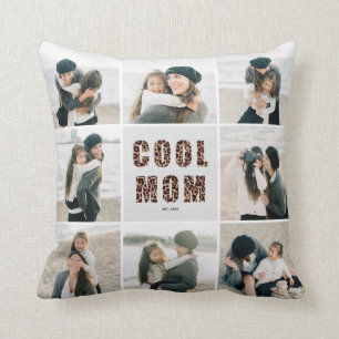 Leopard Print Cool Mom 8 Photo Collage Grey Throw Pillow
