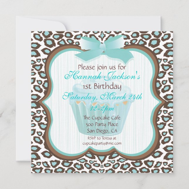 leopard print cupcake teal birthday party invites (Front)