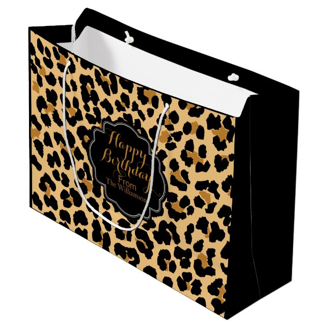 Leopard Print Custom Happy Birthday Gift Bag (Front Angled)