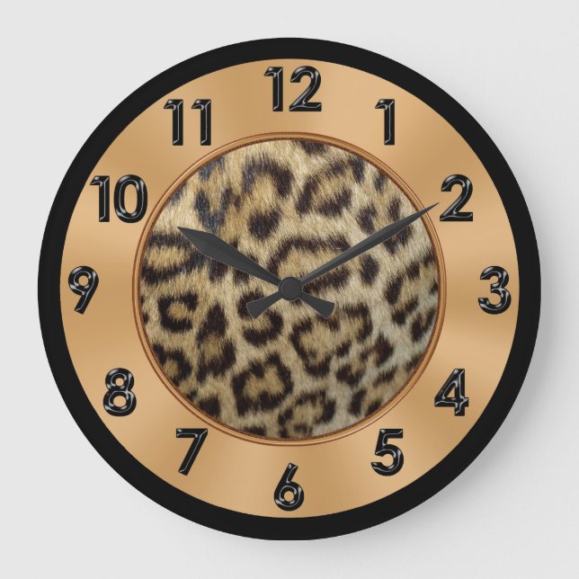 Leopard Print Decor Gold, Black and Tan Colours Large Clock (Front)