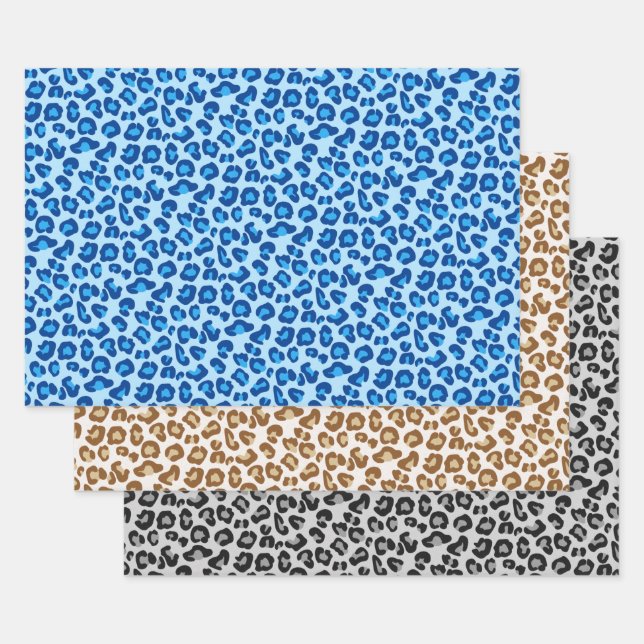 Leopard Print, Denim Blue, Cream, Grey  Wrapping Paper Sheet (Set)