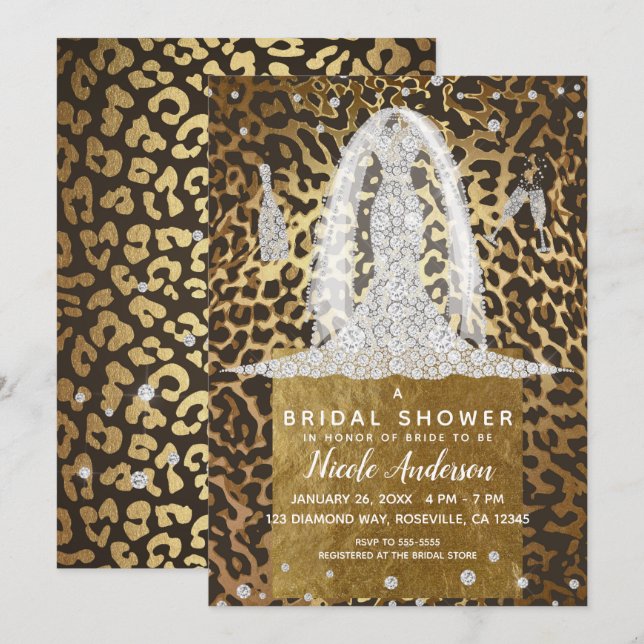 Leopard Print Diamond Wedding Dress Bridal Shower Invitation (Front/Back)