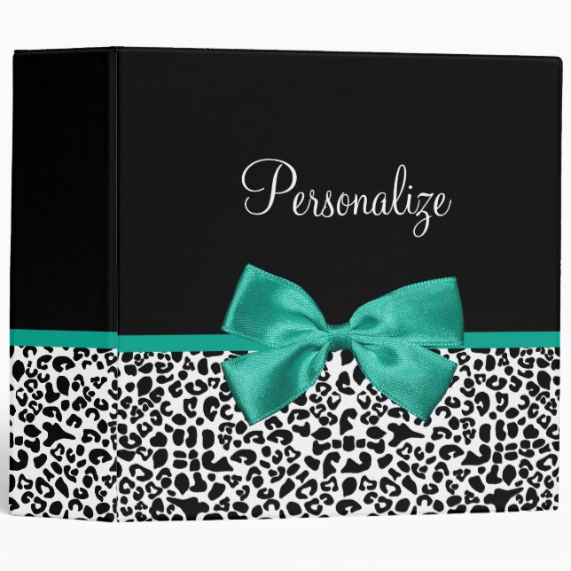 Leopard Print Emerald Green Ribbon Bow Chic Name Binder (Front/Spine)