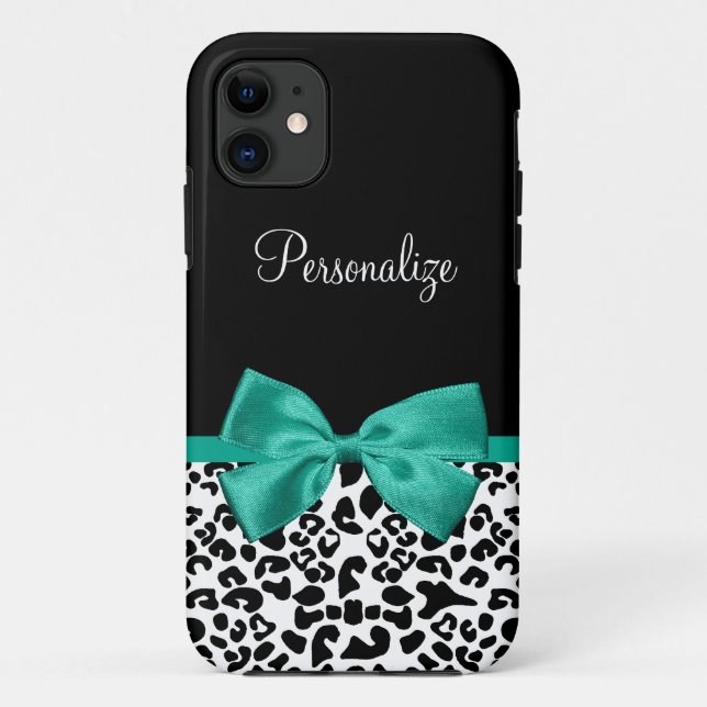 Leopard Print Emerald Green Ribbon Bow Chic Name Case-Mate iPhone Case (Back)