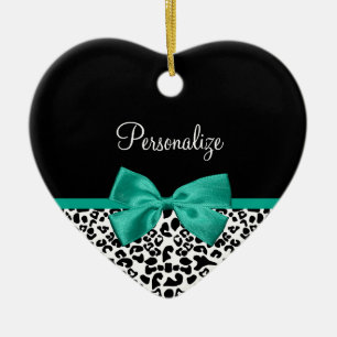 Leopard Print Emerald Green Ribbon Bow Chic Name Ceramic Ornament