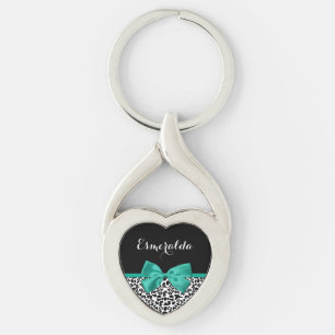 Leopard Print Emerald Green Ribbon Bow Chic Name Keychain