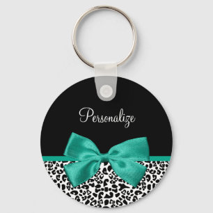 Leopard Print Emerald Green Ribbon Bow Chic Name Keychain
