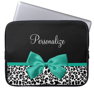 Leopard Print Emerald Green Ribbon Bow Chic Name Laptop Sleeve