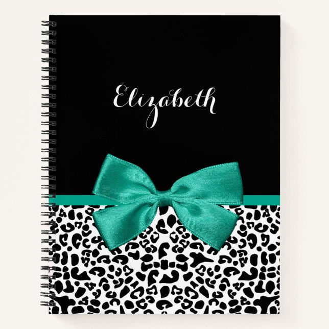 Leopard Print Emerald Green Ribbon Bow Chic Name Notebook (Front)