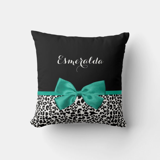 Leopard Print Emerald Green Ribbon Bow Chic Name Throw Pillow (Front)