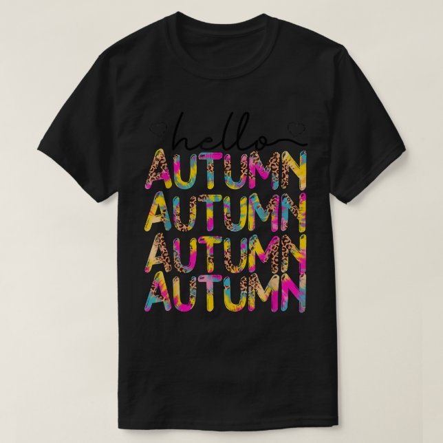 Leopard Print Fall Decor Hello Autumn Thanksgiving T-Shirt (Design Front)