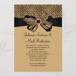 Leopard Print FAUX Ruby Diamonds Ribbon Wedding Invitation