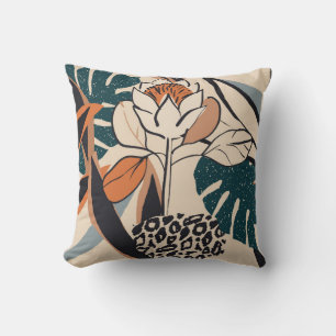 Leopard Print Floral: Abstract Hand-Drawn Throw Pillow