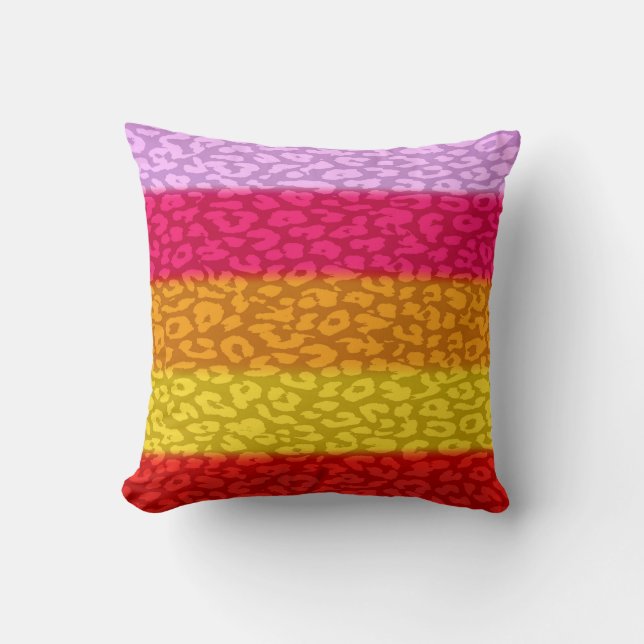 Leopard print fur with colours stripes throw pillow (Front)